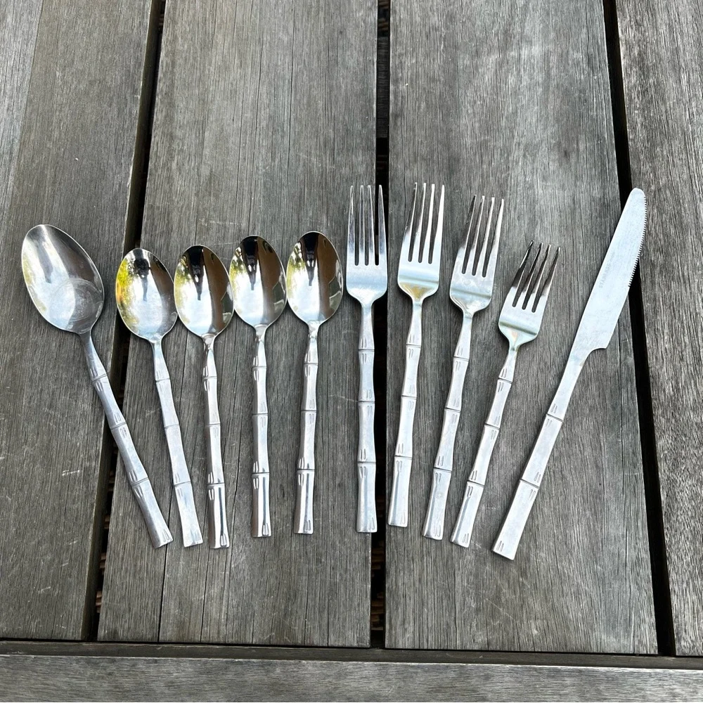Stainless China Bamboo Handle Silverware Set Spoons Forks Butter Knife Flatware